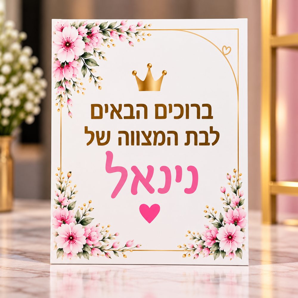 שלט ברוכים הבאים לבת מצווה מודפס על קאפה